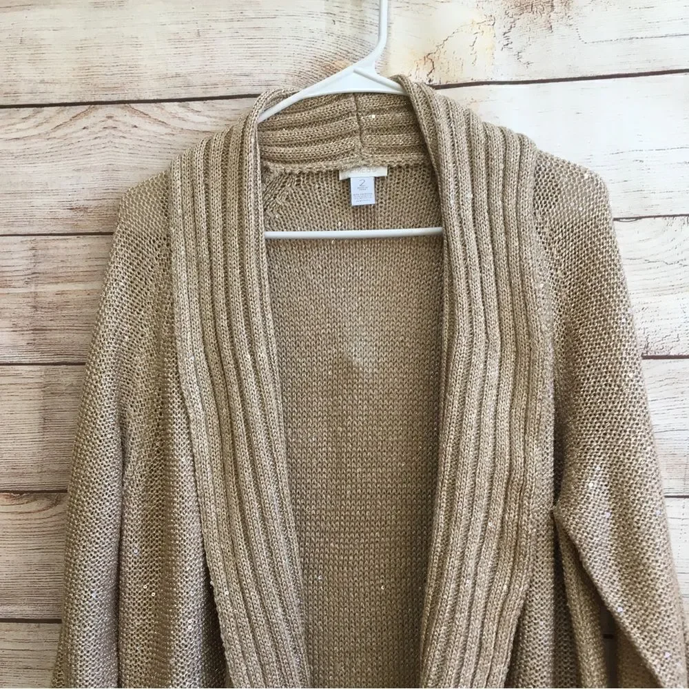 CHICOS WATERFALL CARDIGAN SWEATER IN METALLIC GOLD‎